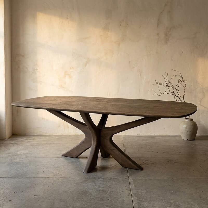 Moderne houten eettafel met uniek, sculpturaal onderstel in een minimalistische interieursetting. Perfect voor stijlvolle eetkamers en liefhebbers van natuurlijk design.