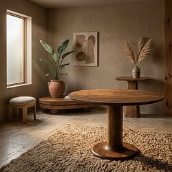 Gezellig interieur met houten tafel, bank en decoratieve planten in een natuurlijke, warme sfeer. Perfect voor een modern, rustiek woonruimte.