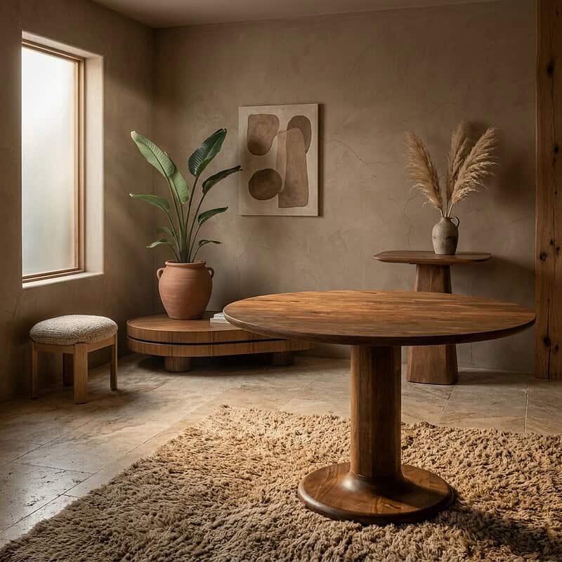 Gezellig interieur met houten tafel, bank en decoratieve planten in een natuurlijke, warme sfeer. Perfect voor een modern, rustiek woonruimte.