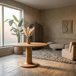 Een stijlvolle woonkamer ingericht met een ronde houten eettafel, een comfortabele bank en een grote plant bij het raam, perfect voor een warme en uitnodigende sfeer.