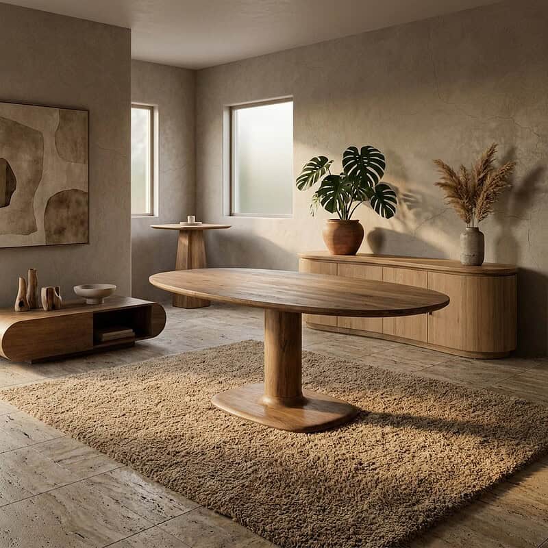 Elegante houten eettafel in een minimalistisch interieur met natuurlijke decoraties en grote ramen die veel licht binnenlaten. Perfect voor een stijlvolle en functionele woonruimte.
