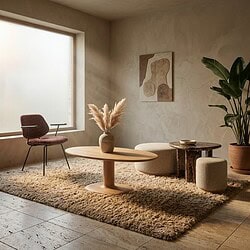 Een stijlvolle woonkamer met Mokana meubels, inclusief een ronde salontafel, comfortabele fauteuil en planten voor een gezellige sfeer.