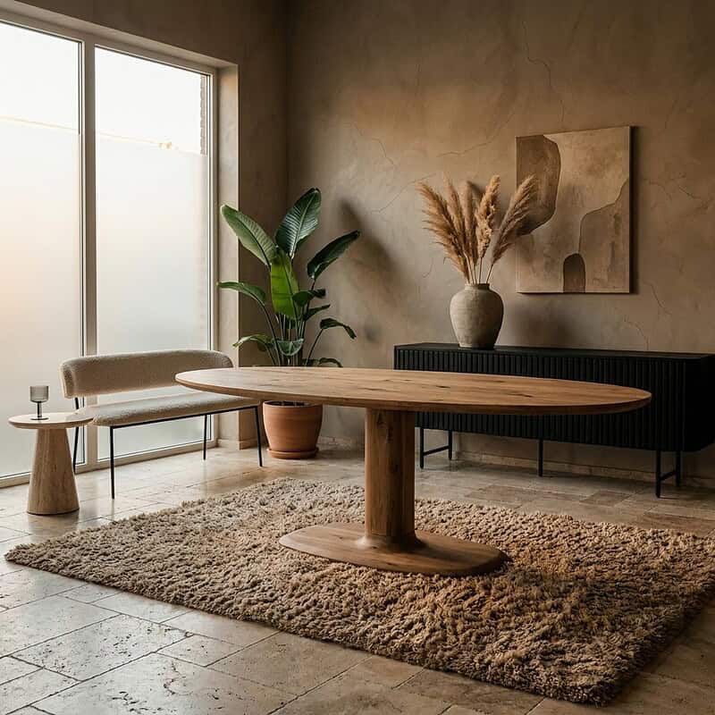 Moderne houten eettafel in een minimalistische woonkamer met planten en decoratieve elementen, perfect voor een stijlvolle en gezellige eetruimte.