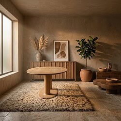 Elegante houten eettafel in een modern, minimalistisch interieur met natuurlijke decoraties en zachte verlichting. Perfect voor een stijlvolle en functionele woonruimte.