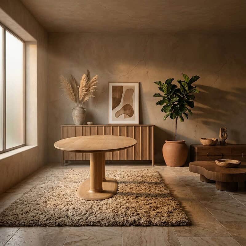 Elegante houten eettafel in een modern, minimalistisch interieur met natuurlijke decoraties en zachte verlichting. Perfect voor een stijlvolle en functionele woonruimte.