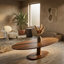 Moderne houten eettafel in een stijlvolle woonkamer met minimalistisch design en natuurlijke elementen.