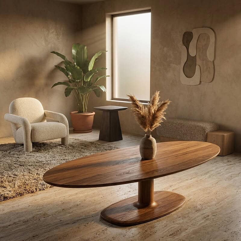 Moderne houten eettafel in een stijlvolle woonkamer met minimalistisch design en natuurlijke elementen.
