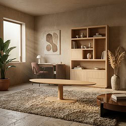 Een stijlvolle woonkamer met natuurlijke houten meubels, inclusief een grote boekenkast, salontafel en een bureau, gecombineerd met zachte verlichting en decoratieve planten voor een warme sfeer.