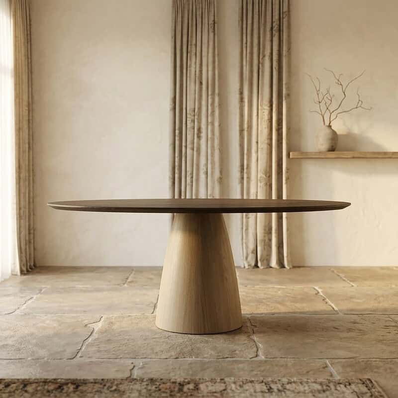 Moderne massief houten eettafel in een minimalistisch interieur met natuurlijke tinten en eenvoudige decoratie, perfect voor een stijlvolle en functionele eetruimte.