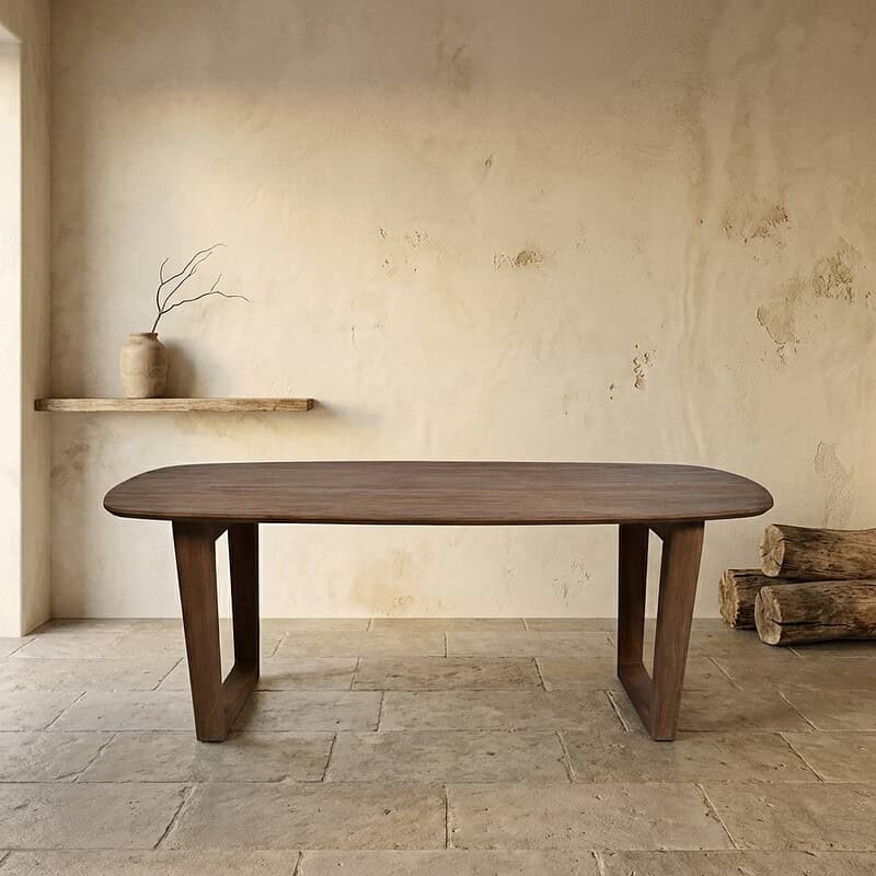 Robuuste massief houten eettafel in minimalistisch interieur met natuurlijke uitstraling, perfect voor moderne eetkamers en landelijke interieurs.