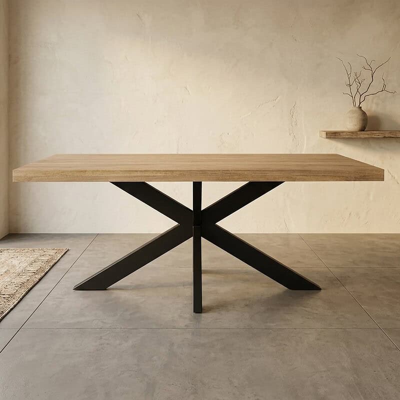 Moderne eettafel met houten blad en zwart metalen onderstel, minimalistisch design voor eetkamer of keuken.