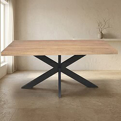 Moderne eettafel met houten blad en zwart metalen onderstel, perfect voor een eigentijdse eetkamer of kantoorruimte. Duurzaam en stijlvol meubelstuk voor dagelijks gebruik.