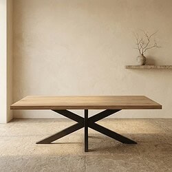 Moderne eettafel met houten blad en zwart metalen onderstel in minimalistisch interieur.