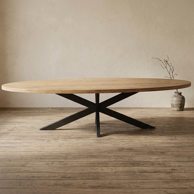 Moderne eettafel met houten blad en zwart metalen onderstel, perfect voor een eigentijdse eetkamer of woonruimte.
