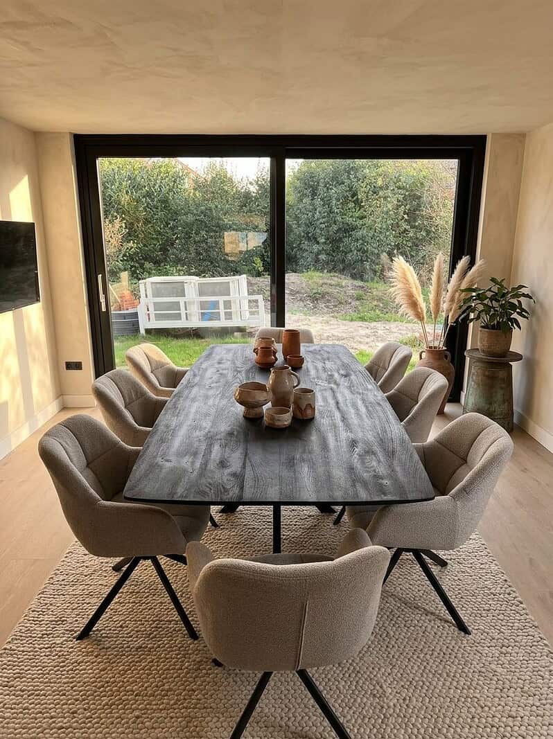 Moderne houten eettafel met acht comfortabele stoelen in een lichte eetkamer, grote ramen met uitzicht op tuin, natuurlijke lichtinval, stijlvolle inrichting, perfect voor gezinsmaaltijden en bijeenko.