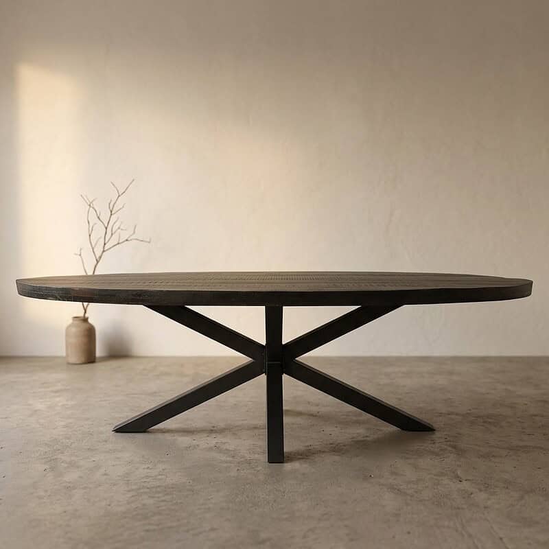 Moderne eettafel met houten blad en zwart metalen onderstel, perfect voor een eigentijdse eetkamer of woonkamer. Duurzaam en stijlvol design voor een warme, uitnodigende sfeer.