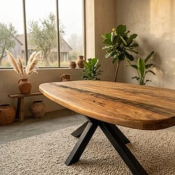 Moderne massief houten eettafel met zwarte metalen poten in een stijlvolle, minimalistische interieursetting met planten en decoratieve items.