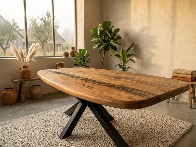 Moderne massief houten eettafel met zwarte metalen poten in een stijlvolle, minimalistische interieursetting met planten en decoratieve items.