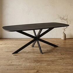 Moderne zwarte eettafel met uniek geometrisch onderstel, perfect voor een eigentijdse eetkamer of vergaderruimte. Gemaakt van hoogwaardig hout voor duurzaamheid en stijl.