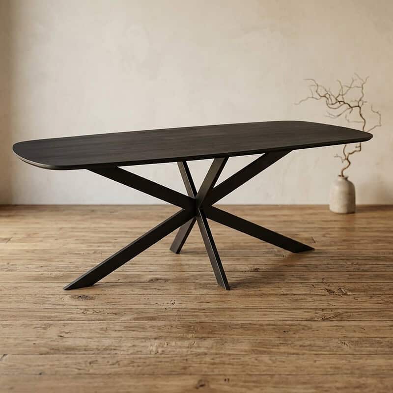 Moderne zwarte eettafel met uniek geometrisch onderstel, perfect voor een eigentijdse eetkamer of vergaderruimte. Gemaakt van hoogwaardig hout voor duurzaamheid en stijl.