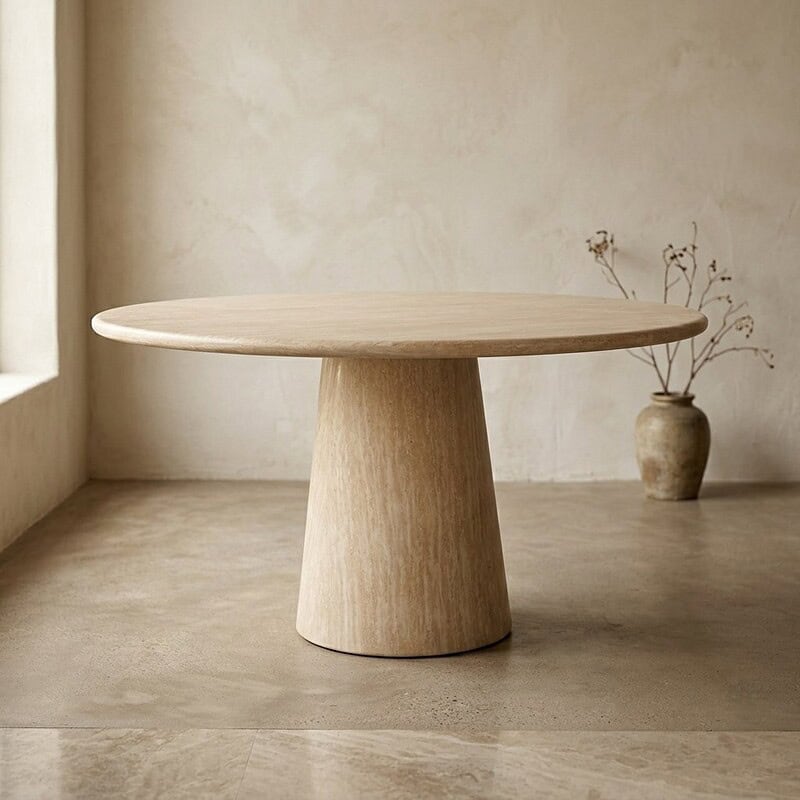 Einfacher Esstisch aus Massivholz mit runder Platte und konischem Gestell, perfekt für moderne und skandinavische Wohnräume.