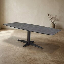 Moderne zwarte eettafel met houten afwerking en uniek ontwerp, perfect voor een stijlvolle eetkamer of vergaderruimte.