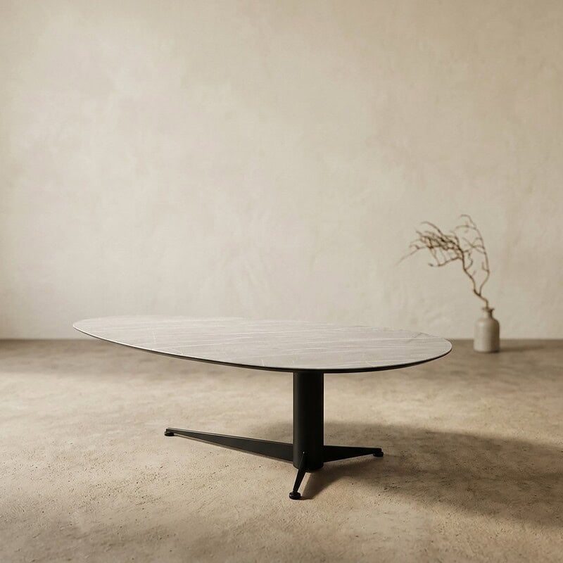 Moderne ovale salontafel met zwart onderstel en lichte houten blad, perfect voor een eigentijdse woonkamer.