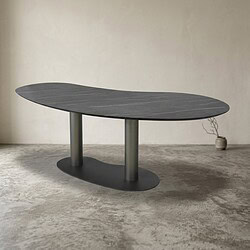 Zwarte houten eettafel met een uniek ovaal ontwerp en metalen poten, perfect voor moderne eetkamers. Ontdek duurzame en stijlvolle meubelstukken bij Mokana Meubelen.