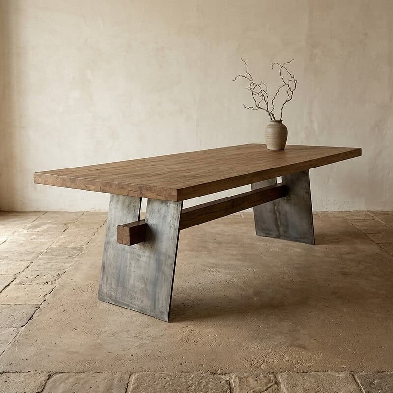 Moderne eettafel met massief houten blad en betonnen poten, perfect voor een stijlvolle eetkamer of woonkamer.