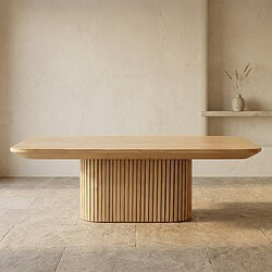 Moderne houten eettafel met afgeronde hoeken en verticale lattenbasis, perfect voor een stijlvolle eetkamer of vergaderruimte. Gemaakt van hoogwaardig hout voor duurzaamheid en elegantie.