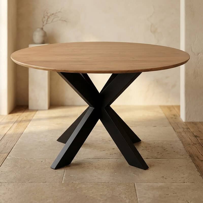 Moderne houten eettafel met zwart metalen onderstel, perfect voor een stijlvolle eetkamer of woonkamer. Duurzaam en elegant design, ideaal voor dagelijks gebruik en speciale gelegenheden.