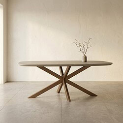 Moderne eettafel met houten onderstel en licht tafelblad, perfect voor een eigentijdse eetkamer of woonruimte.