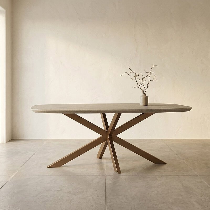 Moderne eettafel met houten onderstel en licht tafelblad, perfect voor een eigentijdse eetkamer of woonruimte.