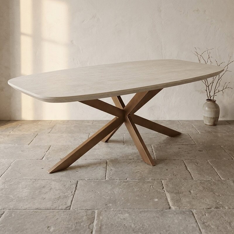 Moderne eettafel met houten pootstructuur, perfect voor een stijlvolle eetkamer, gemaakt door Mokana Meubelen.