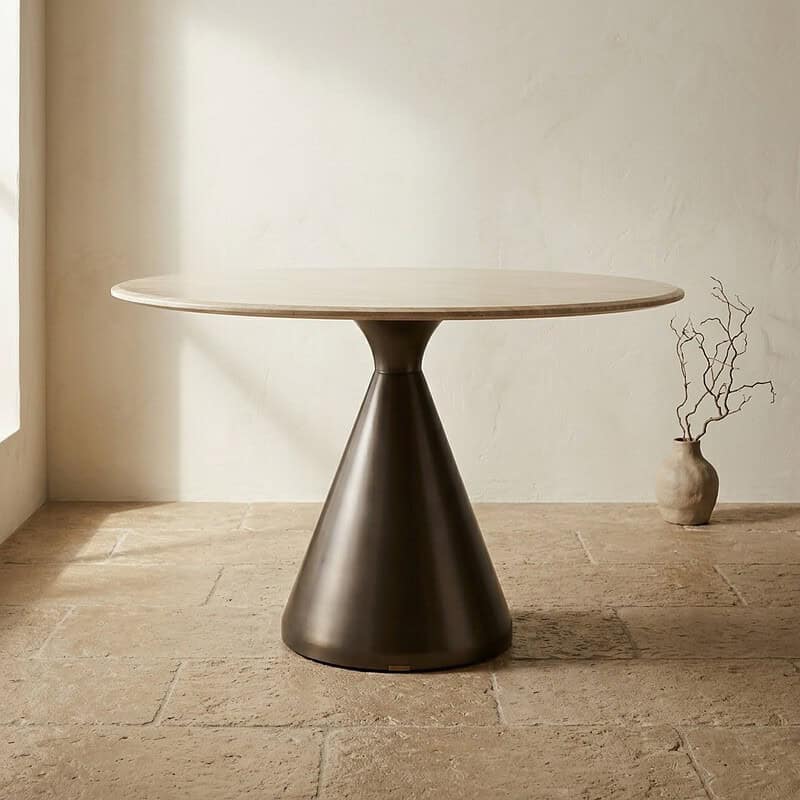 Moderner Esstisch mit runder Holzplatte und konischem Metallfuß, perfekt für ein modernes Esszimmer oder Wohnzimmer.