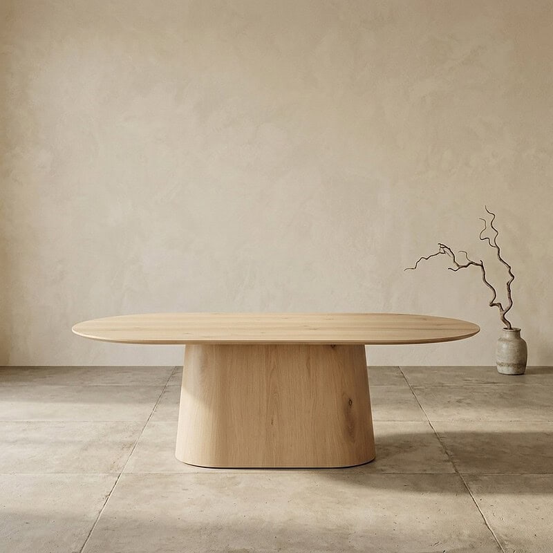 Moderne massief houten eettafel met afgeronde hoeken, geschikt voor een strakke en natuurlijke eetkamer. Gemaakt van hoogwaardig hout, perfect voor een stijlvolle en functionele woonruimte.