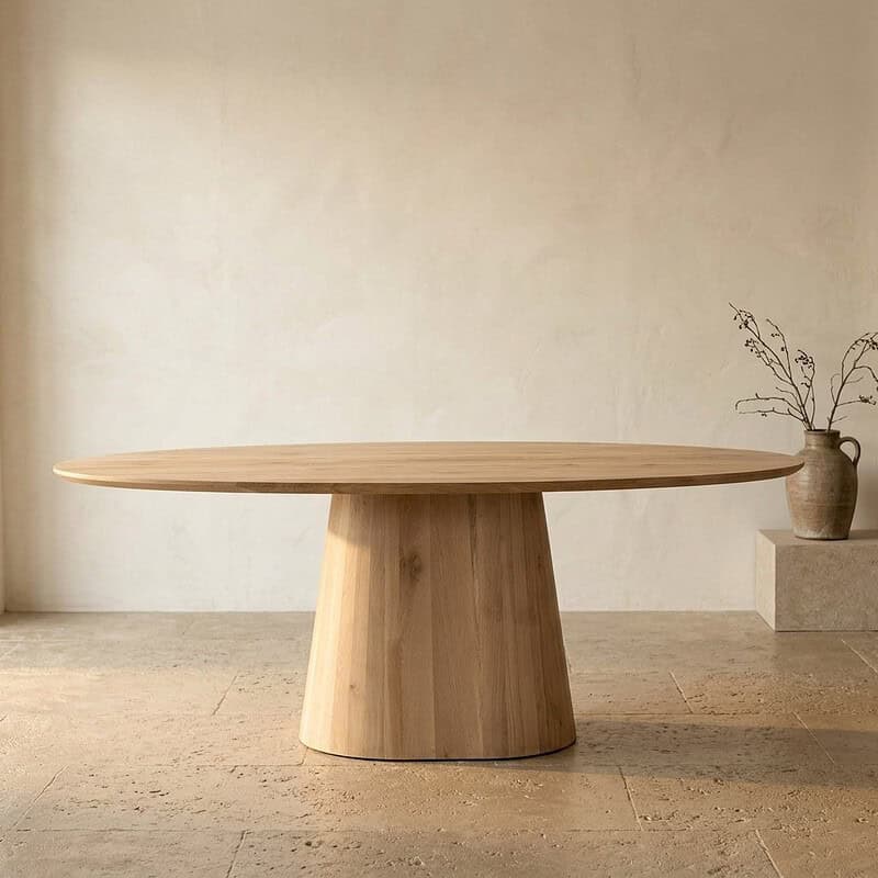 Moderne massief houten eettafel met ronde vorm en natuurlijke afwerking, perfect voor een stijlvolle eetkamer of woonruimte.