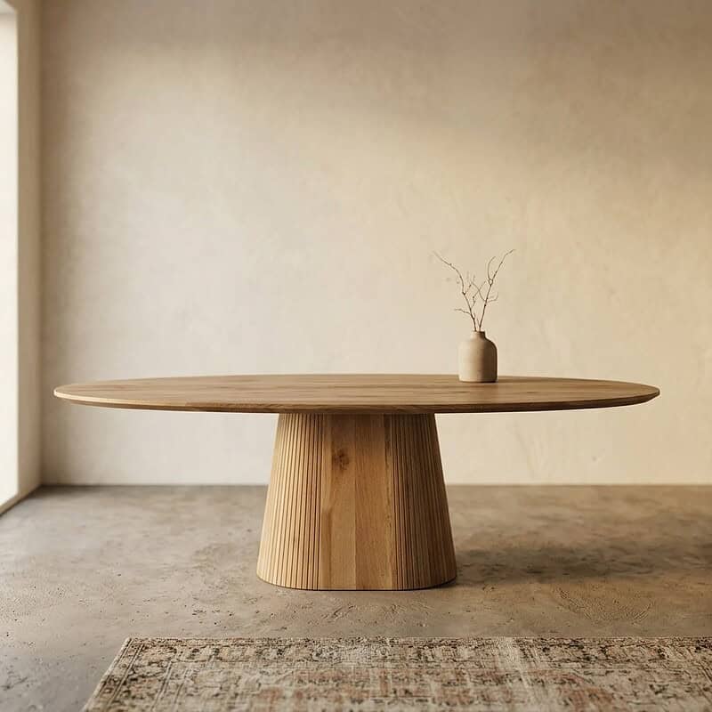 Massief houten eettafel met modern minimalistisch ontwerp, geschikt voor eetkamers en woonruimtes, gemaakt door Mokana Meubelen.