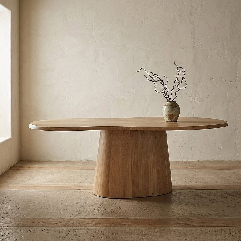 Moderner Esstisch aus Massivholz mit natürlicher Oberfläche und einzigartigem Design – perfekt für einen stilvollen und funktionalen Essbereich.