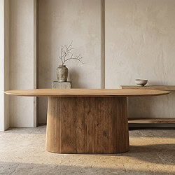 Eettafel van massief hout met ronde vorm, modern en minimalistisch design, perfect voor een stijlvolle eetkamer.