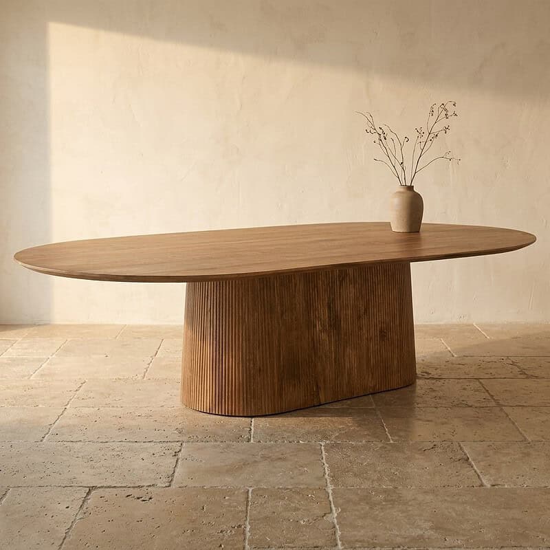 Moderne massief houten eettafel met afgeronde hoeken en natuurlijke afwerking, perfect voor een stijlvolle eetkamer of woonkamer.