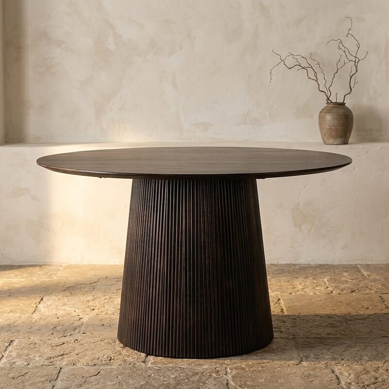 Eettafel met ronde houten top en ribbelige, cilindrische basis, perfect voor moderne eetkamers. Gemaakt van hoogwaardige materialen, combineert stijl en functionaliteit.