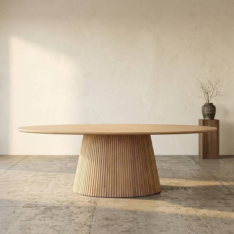 Moderne houten eettafel met ronde vorm en verticale ribbelstructuur, perfect voor een stijlvolle eetkamer. Gemaakt van hoogwaardig hout, combineert functionaliteit met elegant design.