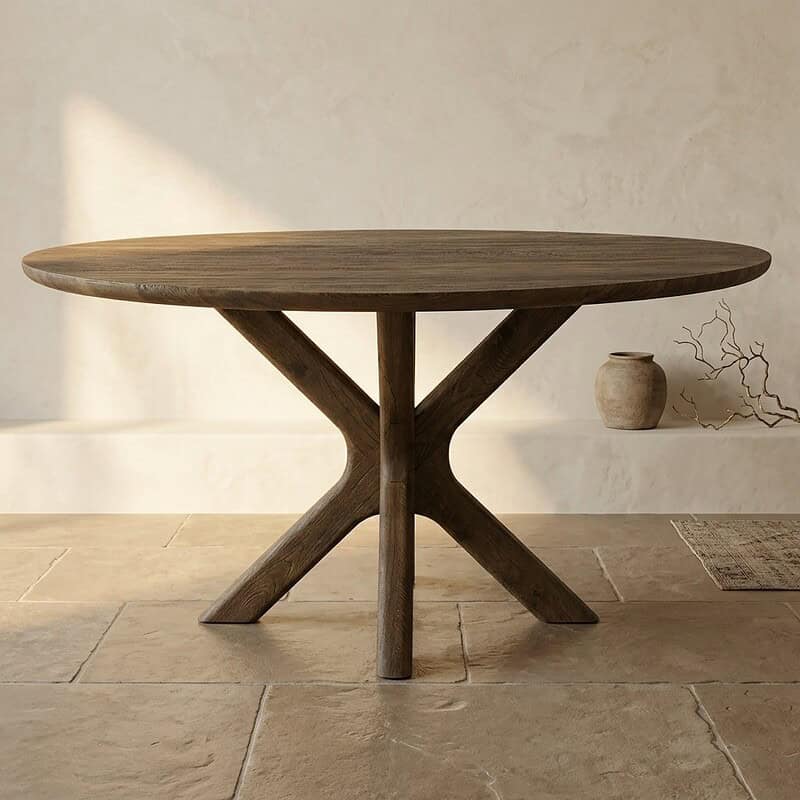 Robuuste houten eettafel met uniek X-vormig onderstel, perfect voor een moderne eetkamer. Gemaakt van hoogwaardig hout, combineert functionaliteit met stijl.