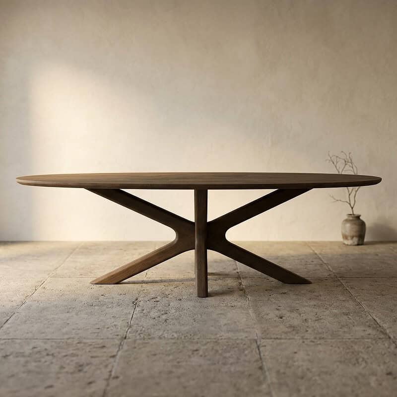 Moderne houten eettafel met uniek sculpturaal onderstel, perfect voor een stijlvolle eetkamer of woonkamer. Gemaakt van hoogwaardig massief hout, biedt duurzaamheid en elegantie.