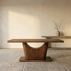 Moderne houten eettafel met uniek gebogen onderstel, perfect voor een stijlvolle eetkamer of woonkamer. Gemaakt van hoogwaardig hout, combineert functionaliteit met elegantie.