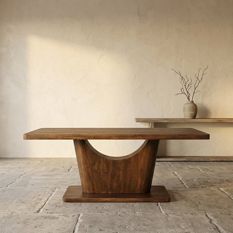 Moderne houten eettafel met uniek gebogen onderstel, perfect voor een stijlvolle eetkamer of woonkamer. Gemaakt van hoogwaardig hout, combineert functionaliteit met elegantie.
