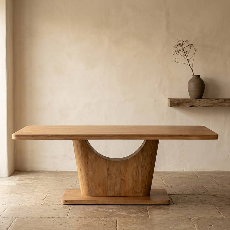 Moderne houten eettafel met uniek onderstel, perfect voor een stijlvolle eetkamer of woonkamer, gemaakt van hoogwaardig massief hout voor duurzaamheid en elegantie.