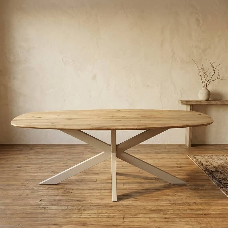 Moderne massief houten eettafel met X-vormige poten, perfect voor een stijlvolle eetkamer of woonruimte. Duurzaam en elegant design, ideaal voor dagelijks gebruik en speciale gelegenheden.