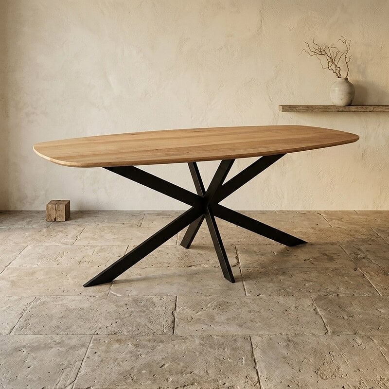 Moderne houten eettafel met uniek zwart metalen onderstel, perfect voor een stijlvolle eetkamer of woonkamer. Gemaakt van hoogwaardig hout met een strak ontwerp voor een eigentijdse uitstraling.